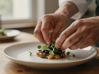Tactile close-up of a chef's hands placing microgreens on a beautifully plated dish, soft side-lighting, shallow depth of field, warm earthy tones