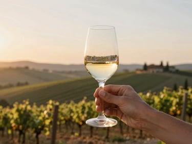 Intimate close-up of a hand holding a glass of Chianti wine overlooking a rolling Tuscan vineyard at golden hour, soft light.