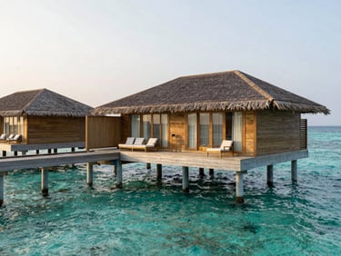 Authentic wide shot of a luxury overwater bungalow with a private deck, clear turquoise water, soft morning light, shallow depth of field.