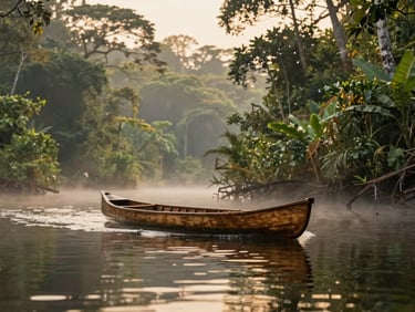 A traditional wooden canoe navigating through the calm, reflective waters of the Amazon rainforest at sunrise, lush green jungle on both sides, soft mist.