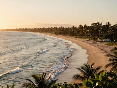Vista aérea de praias intocadas no nordeste do Brasil ao pôr do sol, águas cristalinas, coqueiros, luz dourada, 35mm