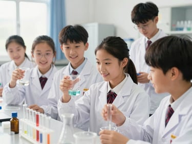 Middle school students working together in a modern science laboratory, holding beakers, smiling, bright daylight