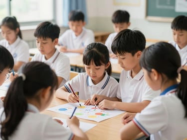 Bright classroom with young students collaborating on a colorful science project, natural daylight, soft focus