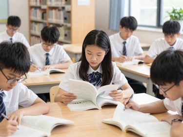 High school students in a modern library studying textbook materials together, bright natural light, scholarly atmosphere
