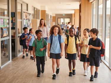Bright, natural daylight shot of a diverse group of primary school students smiling and walking together in a modern school hallway, a teacher gently guiding them in the background, warm inviting tones, shallow depth of field.
