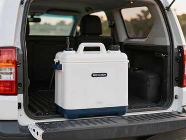 Close-up of professional pest control equipment sitting neatly on a clean service vehicle tailgate, warm lowcountry afternoon light.