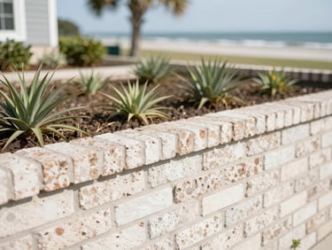 Close-up shot of a clean brick home foundation and pristine coastal garden beds, bright natural daylight, shallow depth of field.