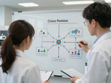 Candid environmental shot of two researchers discussing a computational model in a modern university lab, natural daylight, focus on the interactive whiteboard with flowcharts.