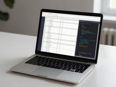 A clean, modern workspace with a laptop showing a structured curriculum map and code blocks, cool daylight, minimalist aesthetic