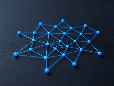 Macro screenshot of a structured grid network visualization, node optimization paths highlighted in electric blue over a deep slate background.