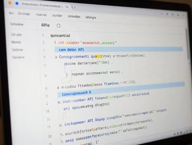 Close-up of a clean software API documentation page on a screen, structured code blocks with monospace font, electric blue accents, minimalist layout.