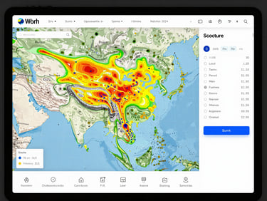 A clean web app dashboard showing geographic map overlay with colored heat zones of structural stress, sidebar with numerical inputs and a blue submit button.