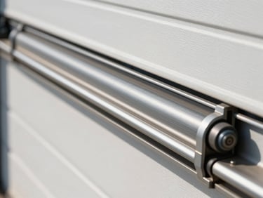 Macro shot of a garage door roller moving smoothly within its track, showing proper alignment, high-contrast industrial tones.