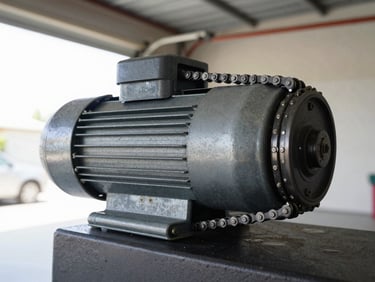Detailed shot of a garage door opener motor and chain drive mechanism, clean and well-maintained, under bright garage interior light.