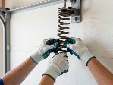 Close-up of a professional technician's hands in gloves, carefully adjusting a heavy-duty torsion spring on a garage door, bright workshop lighting, crisp detail.