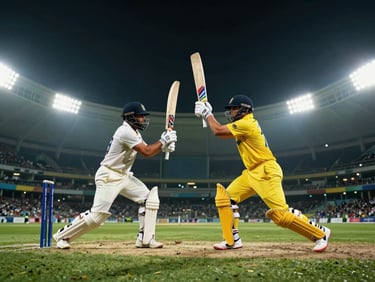 Two cricket players, one batting and one bowling, in intense mid-action under stadium floodlights, low angle, rich saturated colors