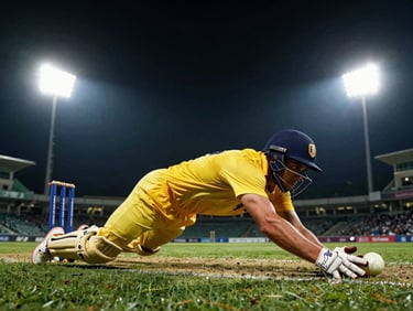 A cricket fielder diving to make a catch under dramatic night-game illumination, close-up, high-contrast, telephoto lens