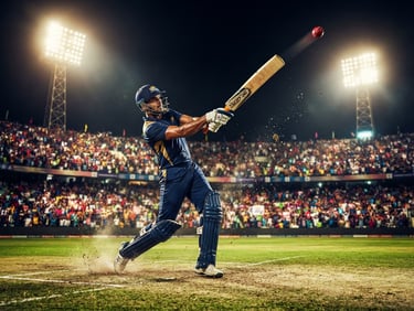 Dynamic action shot of a cricket player hitting a six under stadium floodlights, wide angle, low perspective, rich saturated colors, telephoto lens