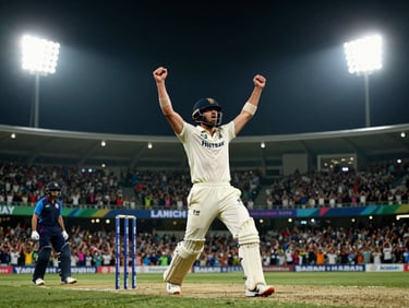 A cricket bowler celebrating wildly after taking a wicket, passionate stadium crowd under floodlights in the background, high-contrast