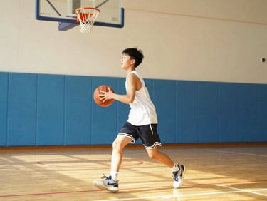 Action shot of youth basketball player driving to the hoop, indoor gym with high-key warm lighting, sharp focus, 35mm lens