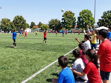 Vibrant outdoor community sports day, local families cheering from the sidelines of a soccer field, bright natural daylight, dynamic action, 35mm lens.