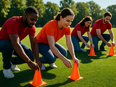 Volunteers setting up orange cones on a vibrant green turf field under bright morning sunlight, active community participation.