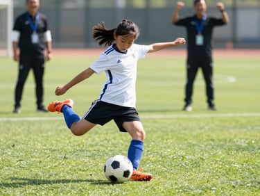 A young girl kicking a soccer ball on a bright green field, daylight, coaches cheering in the background, sharp focus, 35mm lens