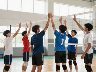 Group of diverse teenagers high-fiving over a volleyball net, indoor court, bright natural light from windows, 35mm lens