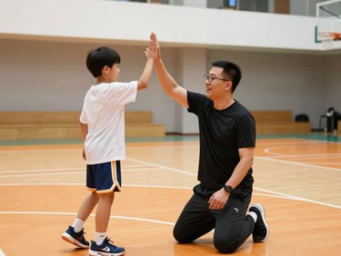 A passionate coach kneeling to high-five a young basketball player in a bright, modern indoor gymnasium, vibrant orange basketball courts, warm high-key lighting.