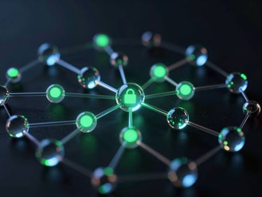 Abstract 3D glass and metallic nodes representing secure data flows, glowing cyber green accents, dark background.