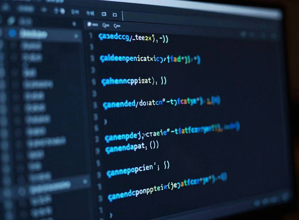 Close-up of clean code snippets in a dark-mode editor, glowing electric blue syntax highlighting, moody ambient workspace.