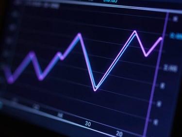 Macro close-up of system telemetry graphs on a dark screen, neon violet and blue lines, low-key lighting.