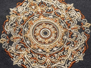 Detailed close-up of high-density embroidery on a charcoal cotton hoodie, showing the precise thread texture, bright clean studio lighting.