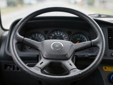 Straight-on close-up of a bus steering wheel and dashboard instruments, natural morning garage lighting, sharp focus, 35mm documentary style.