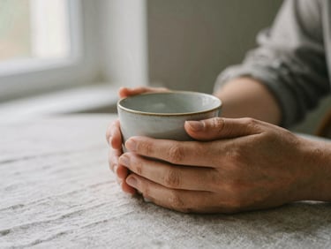 Close-up of thoughtful female hands holding a warm ceramic cup on a linen tablecloth, soft natural window light, muted tones, 35mm film style.