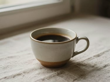 Close-up of a ceramic cup of coffee sitting on a linen tablecloth, warm natural light, minimalist editorial composition.