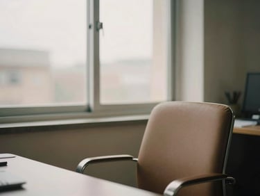 A quiet, warm office environment with a single empty chair next to a window, soft overcast light, shallow depth of field.