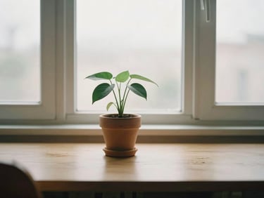 A quiet, minimalist workspace with a single green plant in a clay pot near a window, soft diffused overcast light, editorial photography style.