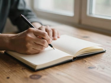 Close-up of hands writing in a paper notebook on a textured wooden table, soft window light, warm editorial style.