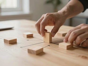 Detail of hands arranging wooden blocks on a clean desk, warm lighting, conceptual human resources mapping.