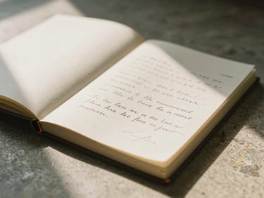A close-up of an open notebook with elegant handwriting on a stone surface, warm afternoon light with long soft shadows, editorial style.