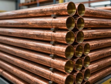 Stacked heavy-gauge copper pipes in a structured warehouse rack, bright natural light reflecting off metallic textures, sharp focus, 35mm