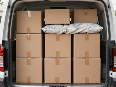 A stack of neatly wrapped cardboard boxes and furniture padded with protective blankets inside a clean moving vehicle, bright natural light.