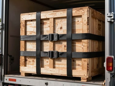 Close-up of industrial cargo straps securing wooden crates inside a delivery truck, high-contrast daylight, sharp focus.