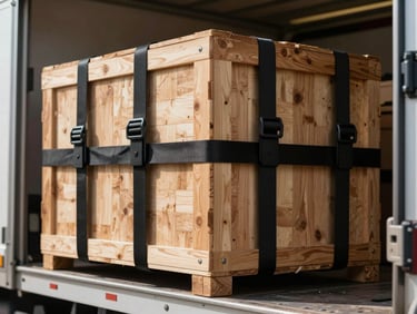 Close-up of secure cargo straps holding industrial wooden crates inside a delivery truck, high-contrast utility lighting.