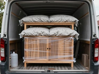 Padded furniture protection wrapping a wooden cabinet with thick protective blankets inside a spacious moving truck.