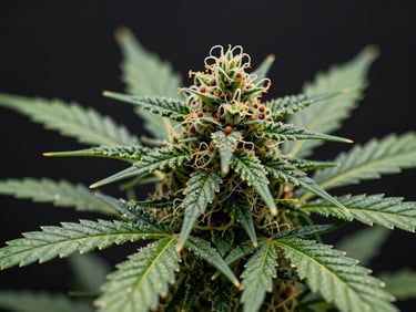 Detailed macro shot of high-quality green trichomes on a cured cannabis leaf under soft natural studio light.