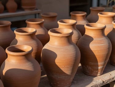 Weathered terracotta clay pots drying outside a Tucson pottery studio, deep shadows cast by warm golden hour light.