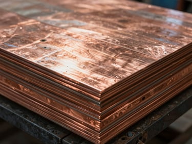 Close-up of raw copper sheets stacked in a Tucson metal workshop, harsh midday sun reflecting off textured metallic surfaces.