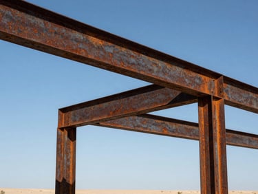 Rusted steel beams framing a modern architectural structure in the desert, sharp contrast against a clear blue sky.
